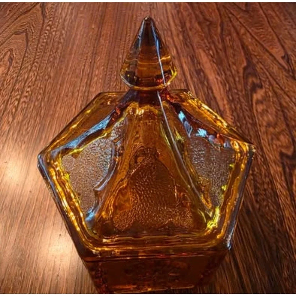 Vintage Tiara Indiana Glass Amber Eagle and Stars Hexagon Candy Dish Patriotic